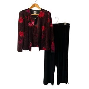 R&M Richards Black and Red Floral Two-Piece Set